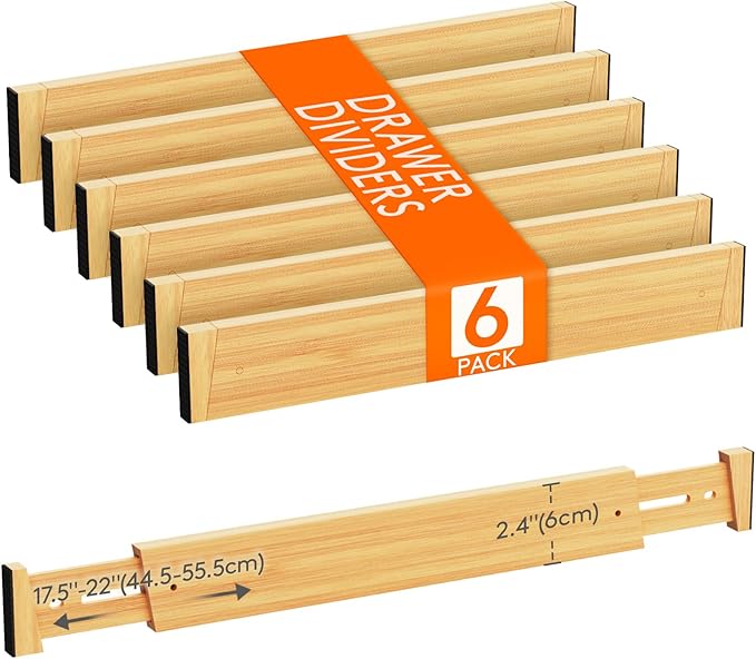 Lifewit 2.4" High 6 Pack Bamboo Drawer Dividers 45-55cm/17.5-22" Adjustable Wooden Drawer Organizer for Clothes/Utensils, Expandable Drawer Separator for Dresser/Kitchen/Bedroom/Office Organization