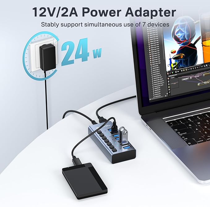 Powered USB 3.2 Hub, ACASIS 7 Ports USB 3.2 Hub with 10Gbps Data Speed, Aluminum Housing, USB Hub Powered with 24W Power Adapter, USB Hub for PC/Laptop, Computer, Flash Drive, Printer, Camera