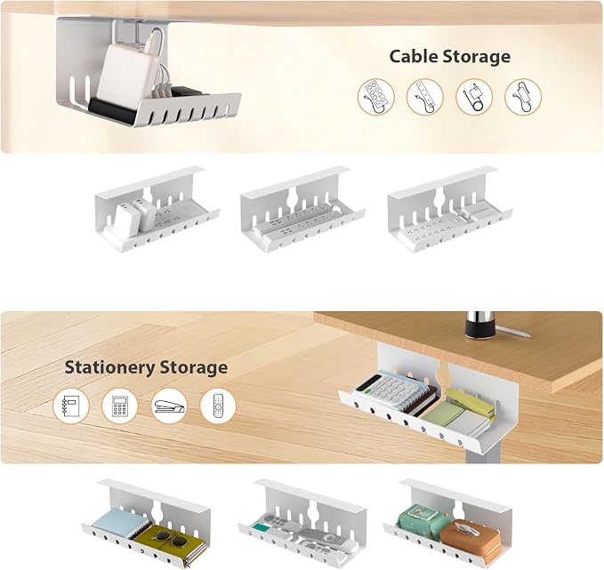Syeeiex 17" Under Desk Cable Management Tray, No-Drill C-Clamp & Screw Mount, Heavy Duty Metal Cord Organizer with Cable Ties, for Office Home Workspace, White