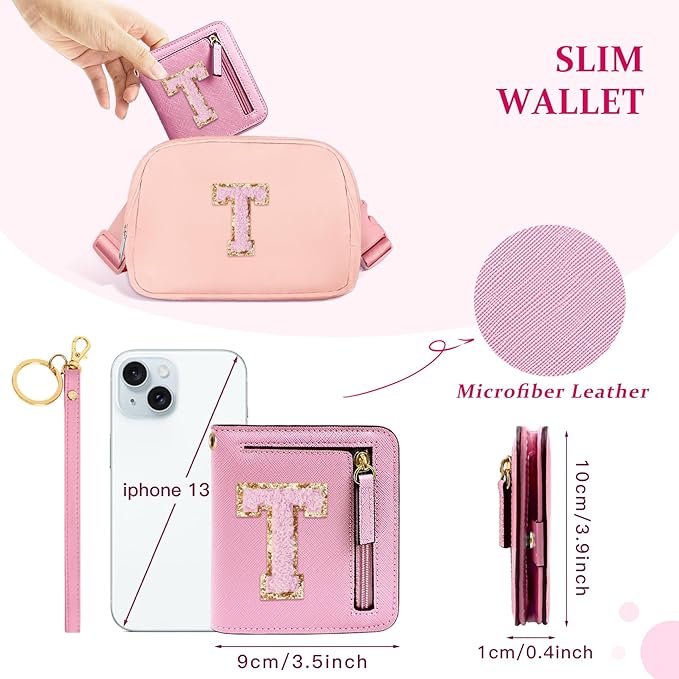 COSHAYSOO Preppy Wallet Gifts for Teen Girls Women Small Wallet RFID Bifold PU Leather Christmas Valentines Easter Mothers Fathers Day Nurse Appreciation Graduation Gifts Chenille Letter T Pink