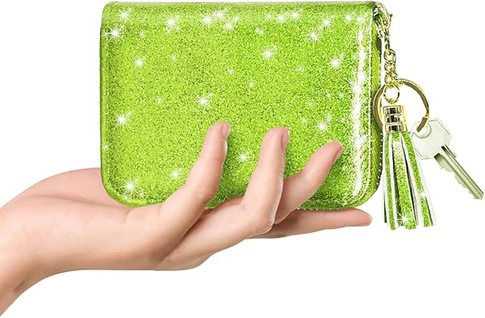 Coco Rossi Women's Small Credit Card Wallet RFID Cute Glitter Card Holder for Women, Chartreuse