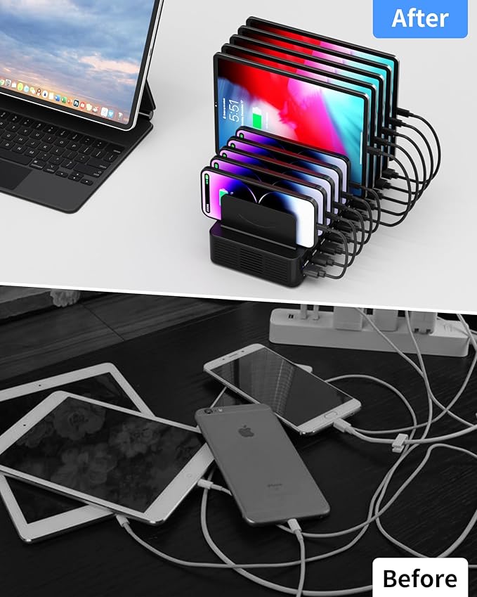 270W Charging Station for Multiple Devices, 20-Port USB Fast Charging Station with Adjustable Dividers & 10 Cables, Multi Device Organizer Charging Dock for iPhone, iPad, Tablets & More(Black)