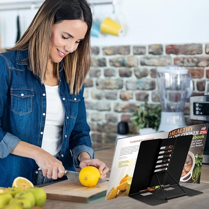 Honagu Book Stand Metal Desk Book Holder, Book Holders for Reading Hands Free, Adjustable Cookbook Documents Holder, Portable Bookstand for Music Books, Textbook, Recipe, Tablet, Ipad (Black)
