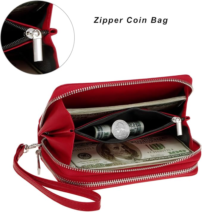 Cellphone Wallet for Women Dual Zipper Long Purse with Removable Wristlet