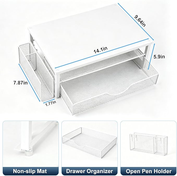 Spacrea Desk Organizer and Accessories, Computer Monitor Stand Riser with Drawer and 1 Open Pen Holder, Printer & Laptop Stand, Office Desk Accessories for Home Office Supplies (White)