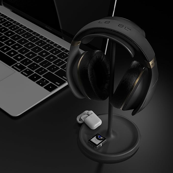 Headphone Stand, Universal Headset Holder with Headphone Cable Storage Clip,Heavy Duty Gaming Earphone Stand with Base Curved Storage for AirPod Max, Beats, Bose,Base,Sony and More（Black）