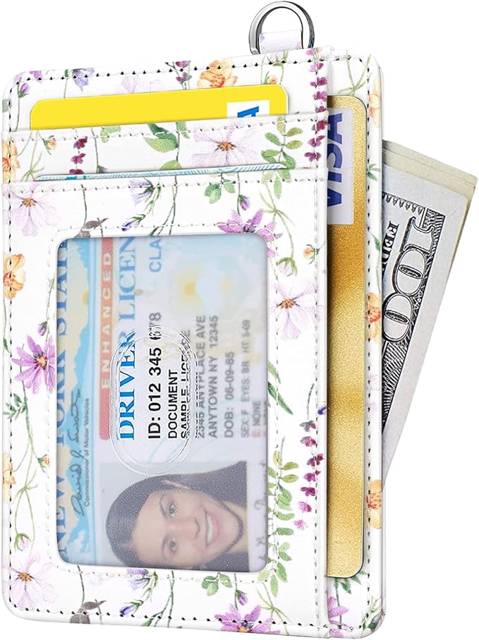 Coco Rossi Slim Front Pocket Wallet RFID ID Card Holder Cute Small Wallet with Keychian for Women,White Daisy