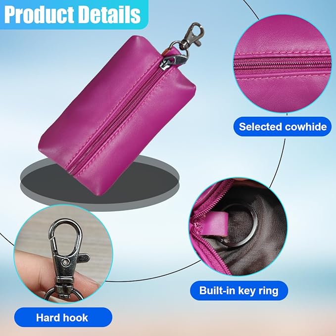 Leather Car Key Case Holder, Auto Smart Key Fob Protector Pouch with Zipper, Universal Unisex Keychain Wallet (Violet)