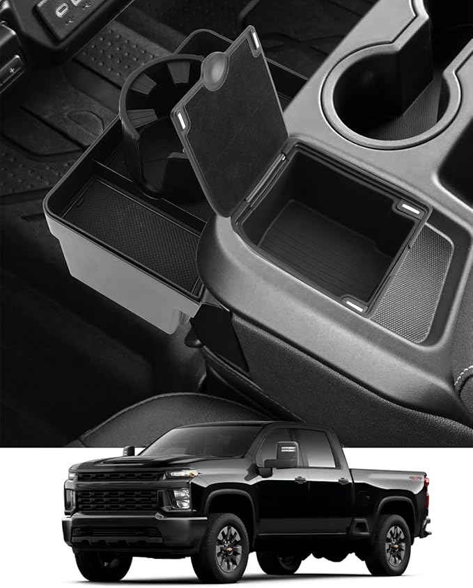 YEE PIN 3-in-1 Front Center Seat Headrest Organizer for 2019 2020 2021 2022 Chevy Silverado Compartment Tray Container Storage Box with Cup Holder Coin for Silverado 2026 Accessories (Jump Seat Only)