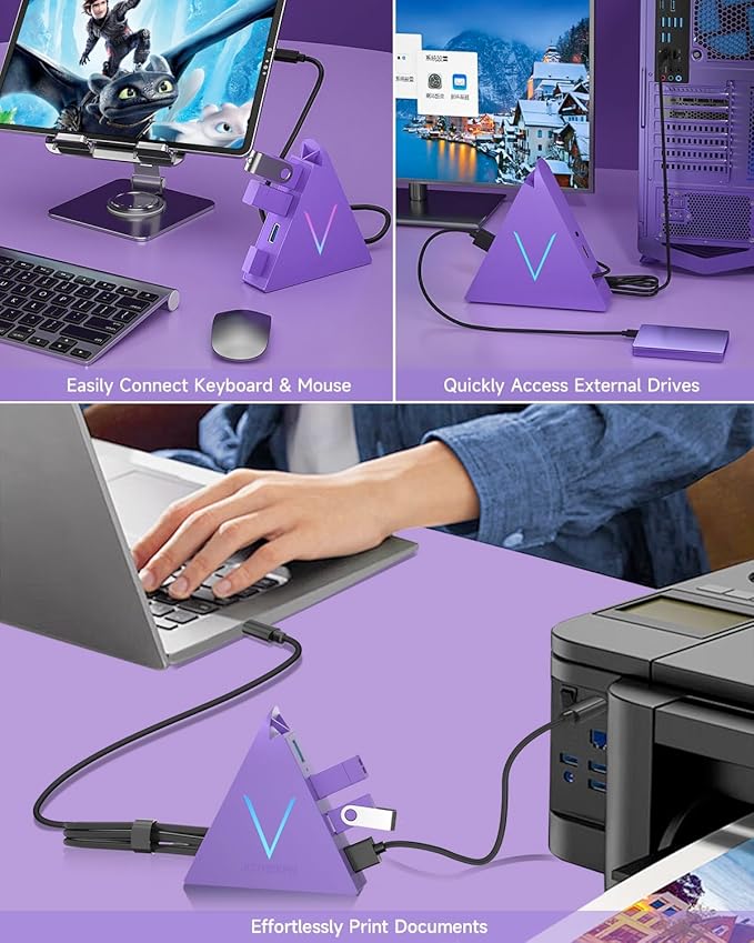 USB C Hub,USB Hub Tower with 2FT Extended Cable,Type C to USB 3.0 4-Port Splitter Adapter for MacBook, iMac, Laptop, Surface, XPS, Flash Drive, Keyboard, Mouse, HDD (2ft, Dark Purple