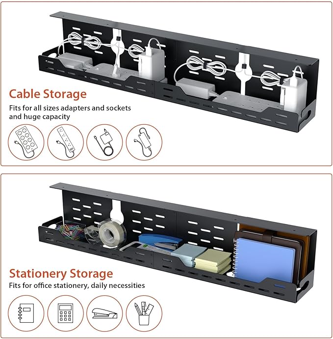 Univivi Under Desk Cable Management Tray - 32" Steel Cord Organizer, No-Drill C-Clamp & Screw Mount for Office/Home, Effortless Wire Management (Black)