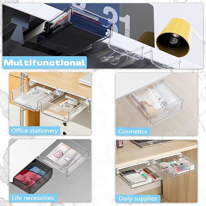 OSPNIEEK Self-adhesive Under Desk Drawer Organizer, 2 Pack Table Hidden Slide Out Large Storage Mounted Desktop Pencil Holder Tray Drawers for Office Home School Stationery Kitchen (Large, White)