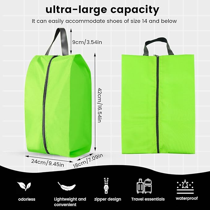 3 Pack Folding Shoe Bags for Travel with Zipper Closure, Waterproof Shoe Storage Bag with Handle, Washable Shoe Organizers Packing Cubes for Gym Women Men (Green)