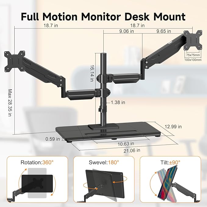 Pholiten Dual Monitor Stand with Wooden Base, Gas Spring Height Adjustable Arms, Each Holds 32 Inch Screen up to 22lbs, VESA Mount 75x75/100x100mm, Tilt/Swivel/Rotate - Ergonomic Desk Mount