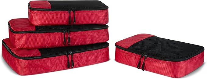 Amazon Essentials 4-Piece Packing Cubes Travel Accessories Set, Luggage Organizer with Double Zipper, Mesh Top, Space-Saving, 2 Medium/2 Large, Red (Previously Amazon Basics)