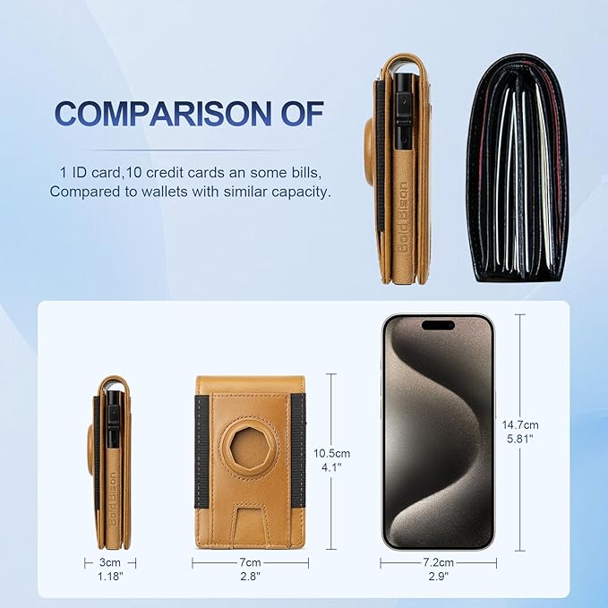 Magnetic Wallet with Card Holder for Iphone12~16, Slim & Minimalist Air tag Wallet with RFID Blocking Card Holder, Genuine Leather, Stretch Front Pocket (Vivid Yellow)