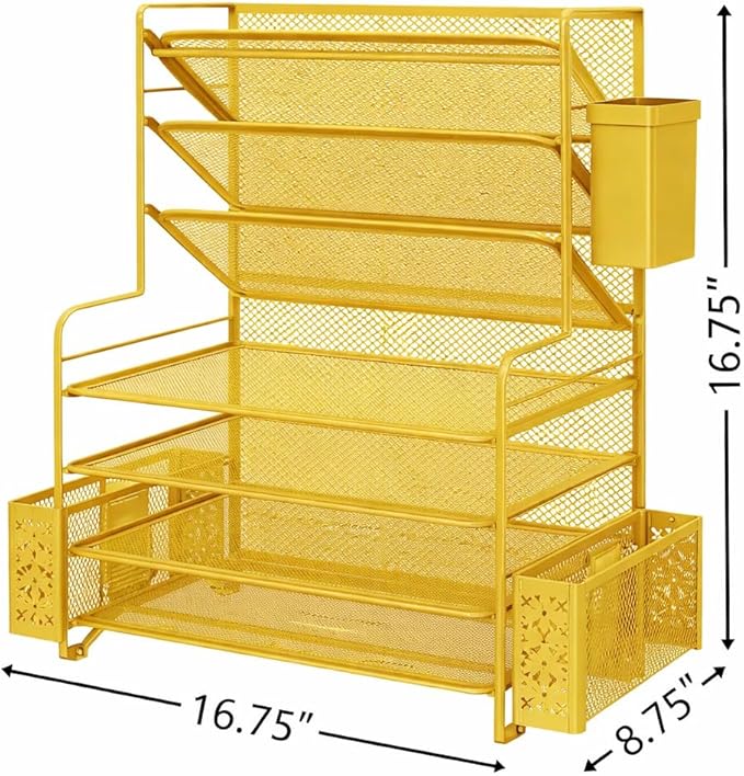 Simple Trending 7 Tier Desk File Organizer, Letter Tray Paper Organizer with Pen Holder and Metal Hanging Basket, Gold
