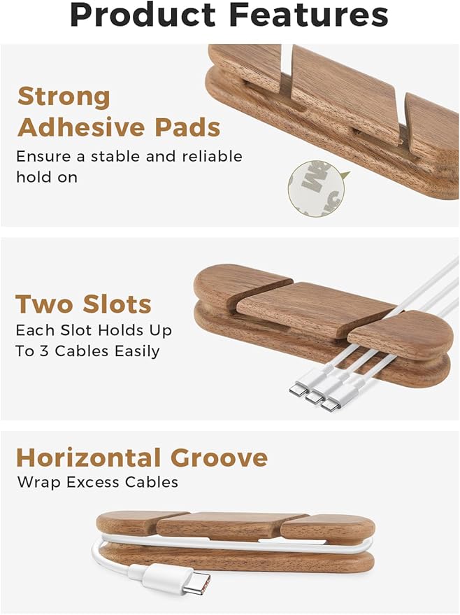 Solid Walnut Cable Holder & Cord Organizer, Adhesive Cable Clips for Desk, Under Desk, Wall, Bedside & Car, Wood Cable Management for Home Office, Phone Charging & USB Cables