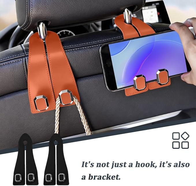2PCS Car Headrest Hooks, Nappa Leather Metal Vehicle Double Seat Back Storage Hook for Purse Bag Coat, Multifunctional Automotive Interior Hanging Hanger, Universal Fit (Black)