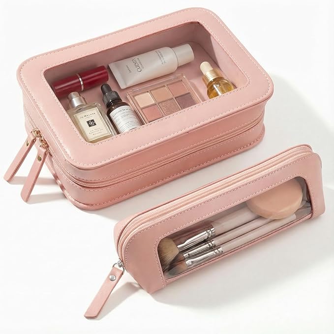 LETGO 2Pack Clear Makeup Bags Set, Clear Travel Makeup Brush Holder, Portable Leather Travel Toiletry Bag Pink Car Accessories for Women