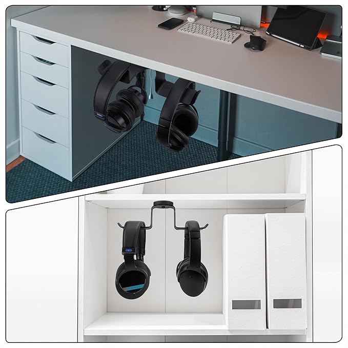 GEEKRIA Dual Magnetic Headphone Holder, Aluminum Headset Hook with Strong Magnet, Desk Mount Headphone Hanger, Non-Slip Rubber Pad, Holds 2 Headphones, Gaming & Office (Black)
