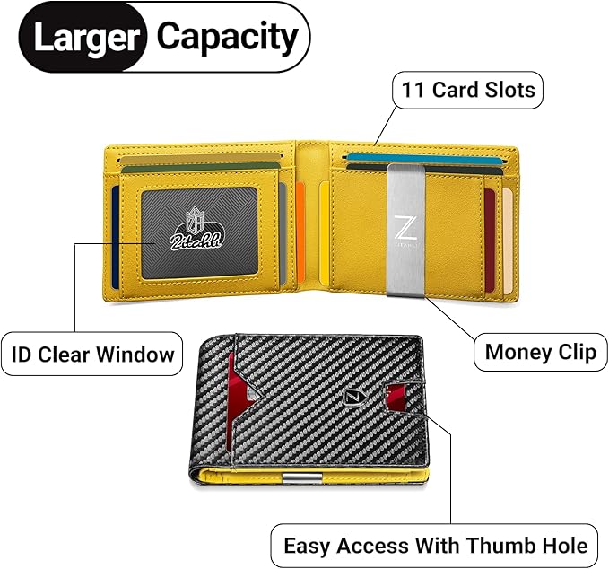 Zitahli Slim Wallet for Men with Money Clip, Minimalist Front Pocket RFID Blocking Leather Wallets Bifold Credit Card Holder, 11 Card Slots and ID Window with Gift Box