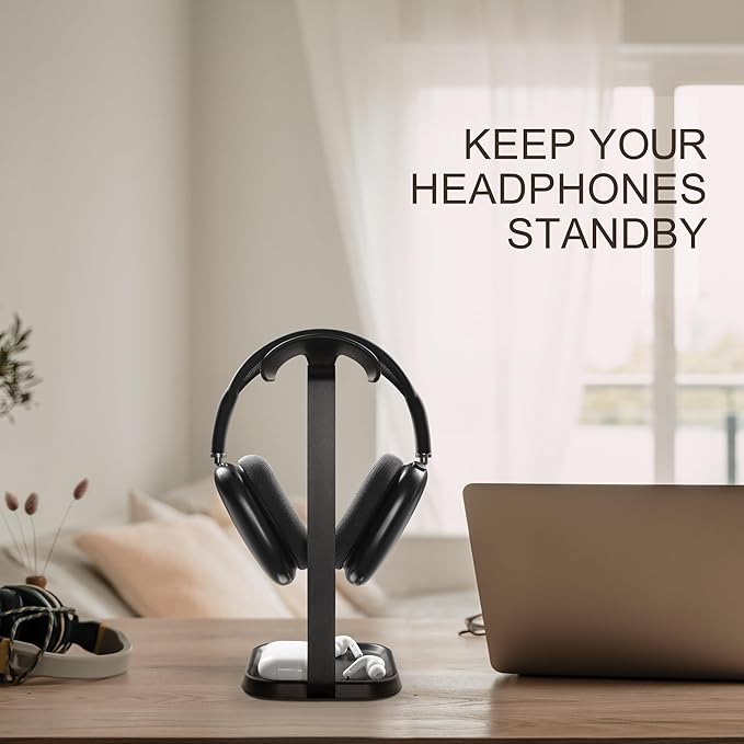 Headphone Stand, Curved Headset Stand with Storage Tray, Gaming Headset Holder for AirPods Max, AirPods Max 2, AirPods, AirPods Pro, Beats, Bose, Sony and More (Black)