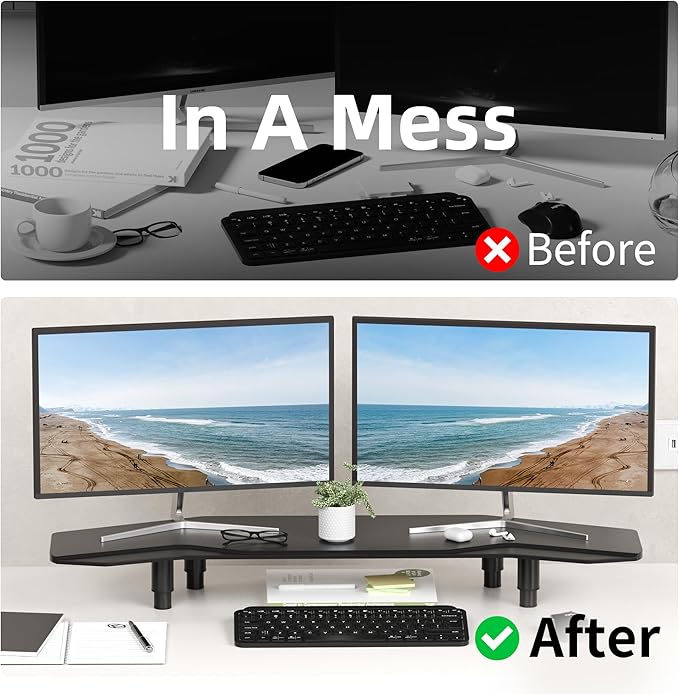 AFOOYO 39.4 Inch Dual Monitor Stand Riser Black,Plane Wing-Shaped Sturdy Computer Desk Riser for 2 Monitors, Adjustable Length and Wood Monitor Stand for Laptop, Computer,Extra Long
