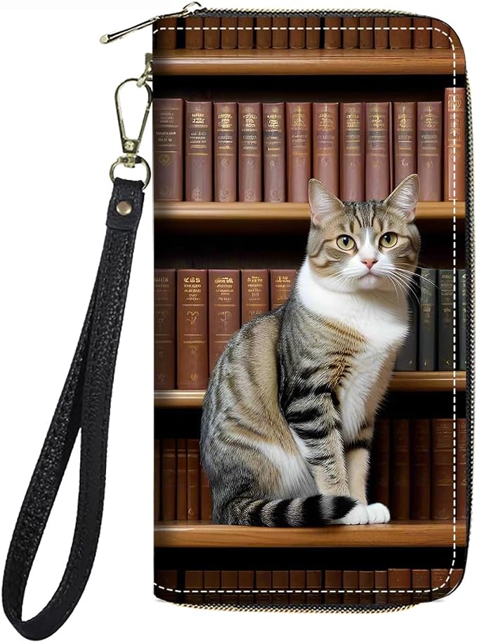 Women's Large Capacity Wallet PU Leather Zip Around Clutch Purse Multifunctional Wallet with Removable Wristlet Strap for Smart Phone/Coin/Card/Cash, Cat On Bookshelf