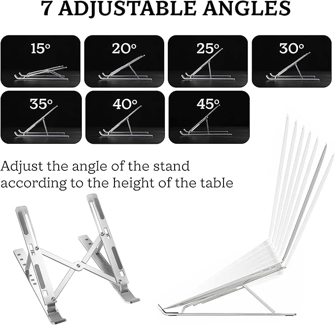 FlexElevate 7-Level Adjustable Laptop Stand, Silver Color, Carbon Steel Ergonomic Riser for Desk, Compatible with 9''-17.3'' Laptops, Portable & Sturdy Holder