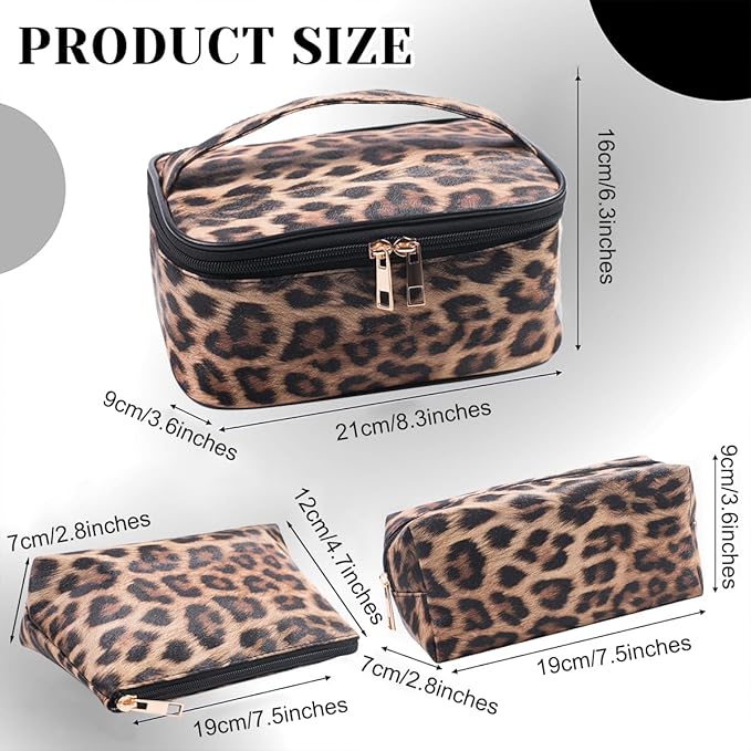 3 Pieces Leopard Print Leather Cosmetic Bags Set,Travel Toiletries Storage Case Portable Cheetah Makeup Organizer Pouch for Women Purse