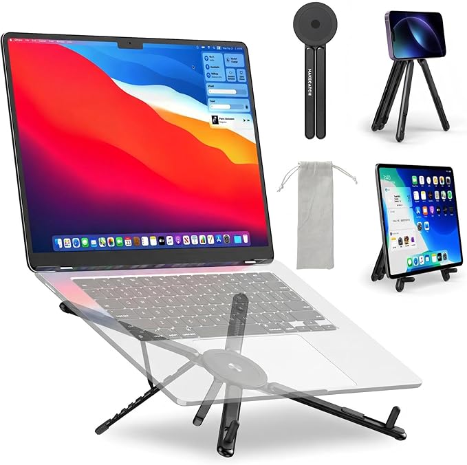 Adjustable Laptop Stand for Desk with Magnetic Phone Holder, MagSafe Compatible Portable Foldable Computer Riser for MacBook, iPhone, iPad, Tablet - Perfect for Office, Home, Traveling (black)