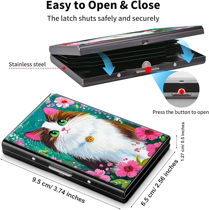 Metal Wallet,Credit Card Holder for Women Men,RFID Blocking Card Holder Wallet Mini Slim Aluminum Wallet ID Case Hard Card Case Business Card Holder Case,Cartoon Cat Flower