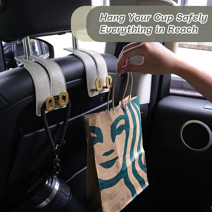 Car Headrest Hooks Universal Car Purse Hook Premium Leather and Alloy Twin Hook Car Seat Back Storage Hanger Hook for Purse Bags Cloth Drink Durable Holder Car Accessories (BH09-White-Gold)