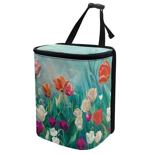Biyejit Tulip Flowers Car Rubbish Storage Reusable Car Trash Can for Car SUVs Vans, Car Trash Bag Bin Hanging Waterproof Automotive Car Garbage Cans Leak Proof Vehicle Trash Can