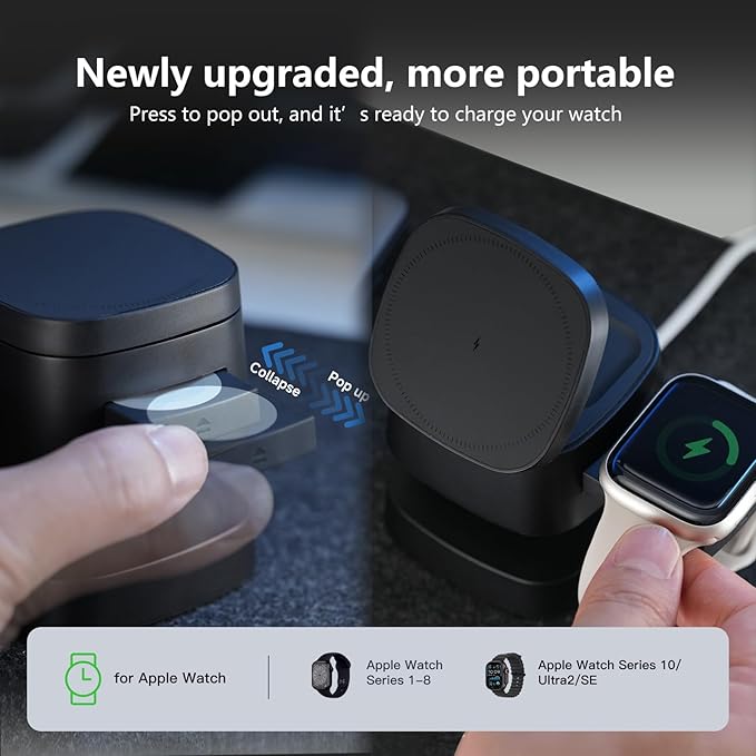 【2026 Upgraded】4 in 1 Wireless Charger, 3 in 1 Wireless Charging Station with Night Light for MagSafe Charger, 15W Magnetic Travel Stand for iPhone17/Air/Pro/Max/16/15/14, Apple Watch, Airpods (Black)
