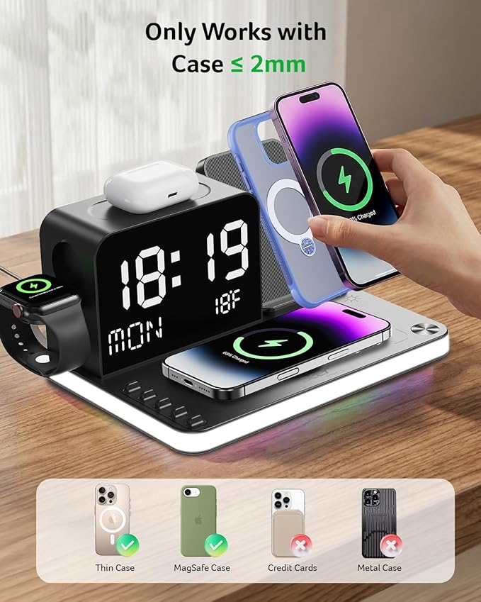 acer 7-in-1 Wireless Charging Station: Charger Stand for Multiple Devices for Apple - iPhone 16 15 14 13 12 Pro Max Apple Watch Airpods, Wireless Charger iPhone Charging Station with Bluetooth TimeSyn