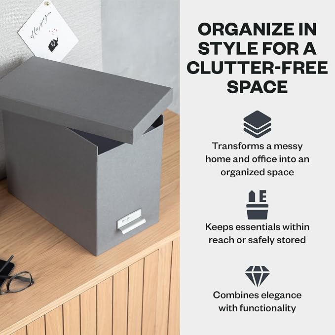 Bigso John Fiberboard Label Frame Desktop File Storage Box - Document Organizer for Important Paperwork - Durable Hanging File Box with a Lid & Metal Label Window - 7.36 x 13.38 x 10.51 in - Grey