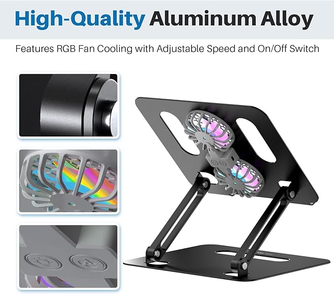 Adjustable Laptop Cooling Stand with 2 Quiet Fans & RGB Lighting, Aluminum Alloy & Foldable Ergonomic Design for MacBook, Lenovo, ASUS, Dell 10-16 Inch, Perfect for Gaming, DJ, Office - Black