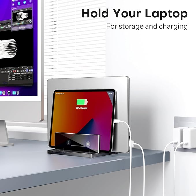 OMOTON Vertical Laptop Stand for Desk, Acrylic Laptop Holder Desktop Clear Adjustable Dock for MacBook Pro Air, HP, All Gaming Laptops up to 17” (Black, Dual Slot)
