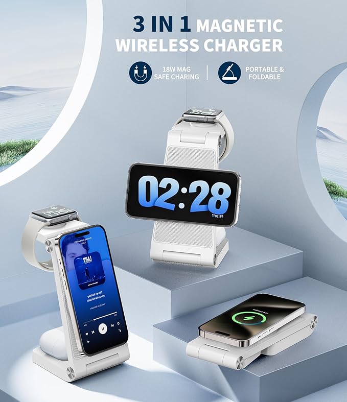3-in-1 Magnetic Wireless Charging Station, Fast Max Charging for Smartphone, Watch & TWS, Space-Saving Multi-Device Charger Stand (White)