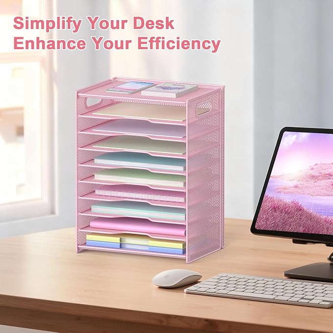 OUTWOLF 10 Tier Paper Organizer - Letter Tray Mesh Desk File Organizer with Handles for Office School Desktop, Pink