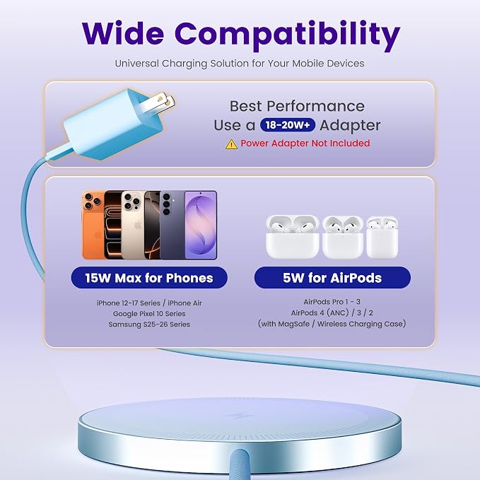 15W Wireless Charger for Apple MagSafe Charger, Magnetic Fast Charging Pad | Compatible for iPhone 17 16 15 14 13 12 Pro Max, AirPods-Slim Portable for Desk Bedside and Travel - 3 Pack, Blue