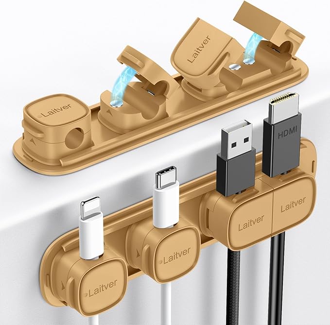 6 Pack Magnetic Cable Clips [1s Open/Lock], Laitver Cord Organizer Holder Strong Adhesive Desk Cable Management- Organize Charging Cords Neatly for Home, Office, Car,Desk, Nightstand-Milk Coffee