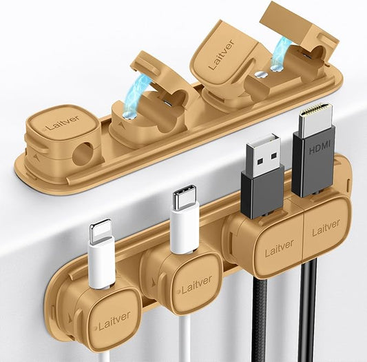 6 Pack Magnetic Cable Clips [1s Open/Lock], Laitver Cord Organizer Holder Strong Adhesive Desk Cable Management- Organize Charging Cords Neatly for Home, Office, Car,Desk, Nightstand-Milk Coffee