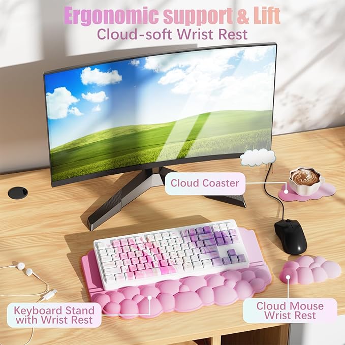Wrist Rest with Keyboard Stand, Ergonomic Computer Wrist Support Pad, Cloud Keyboard Riser Holder with Wrist Pad, Memory Foam Desk Cushion, Palm Hand Typing for Office Home School-Pink