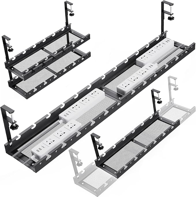 Under Desk Cable Management Raceway Clamp 2 Hole 31Inch No Dril Cord Organizer for Standing Desk Sturdy Metal Office Desk Wire Management - No Damage to Table