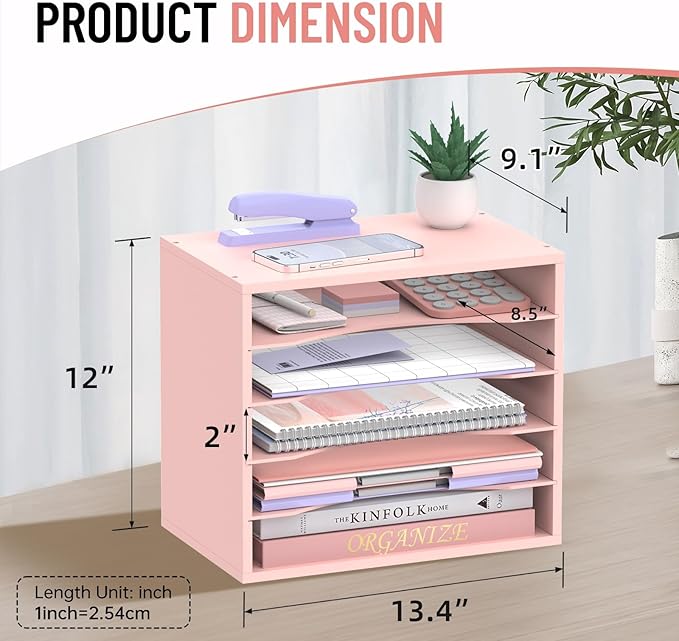 5-Tier Wood Desk Organizer, Paper Tray Organizer for Desk with Adjustable Storage Shelves, Desktop File Organization Paper Sorter Mail Holder for Office Home Classroom, Pink