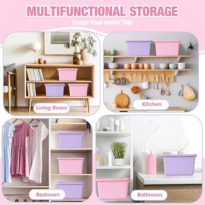 Potchen 6 Pack Cute Plastic Storage Bins with Lids Decorative Stackable Storage Boxes 9.8" ×7.3" ×5.7" Small Storing Totes for Organizing Craft Office Supplies (Pink,Purple)