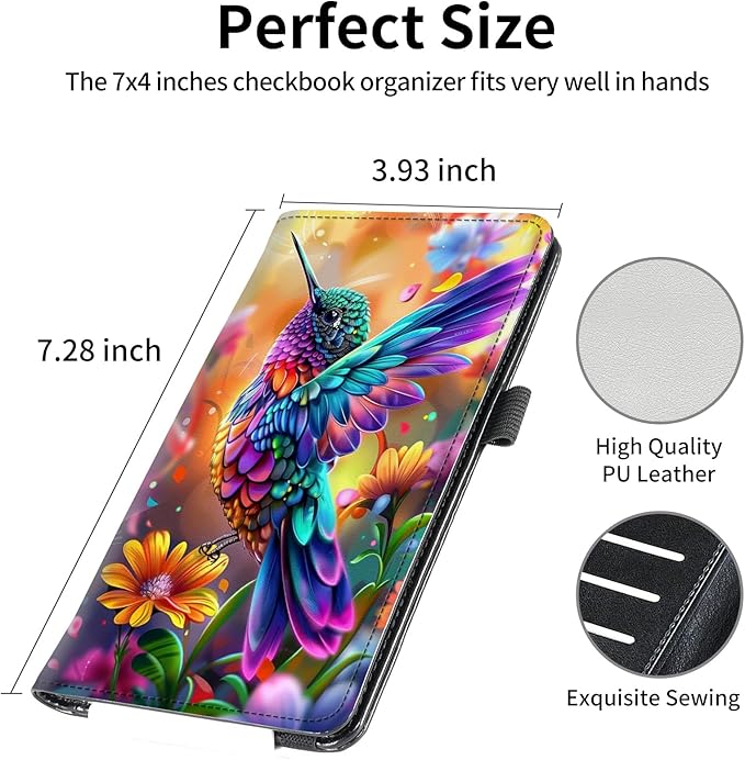 Leather Checkbook Covers for Men Women Check book Holder Cover Wallets for Personal Checkbook Duplicate Checks with RFID Blocking & Elastic Strap-Colorful Hummingbird with Flower